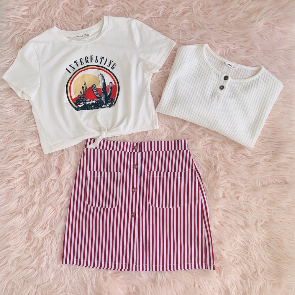 🌸SHEIN 3 Piece Set🌸 T-Shirt /Long Sleeve Crop Top / Skirt